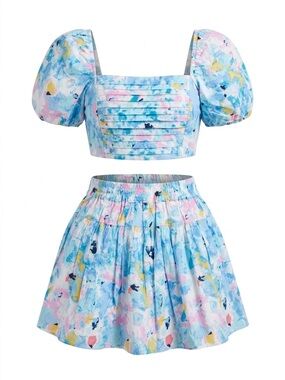 BuddyLove Cutie Set NWT Size M Puff Sleeve Crop Top Mini Skirt Watercolor